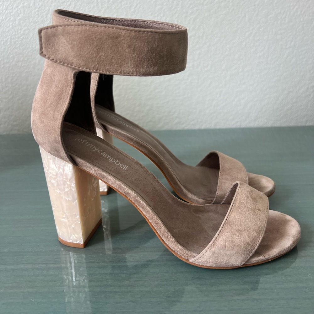 Jettrey Campbell Lindsay Upal/Shell-Looking Lucite-Heeled Taupe Suede Sandals